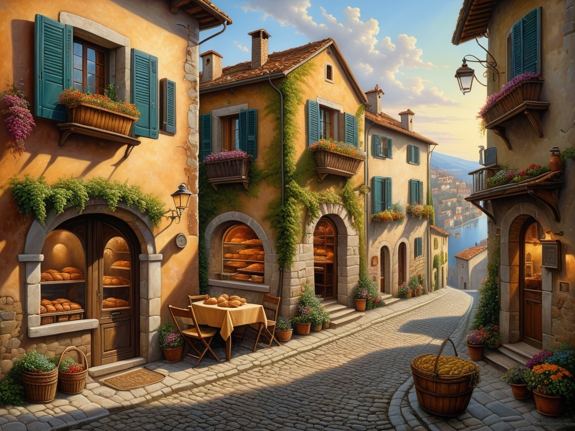 Charming Cobblestone Street with Quaint Buildings and Flowers