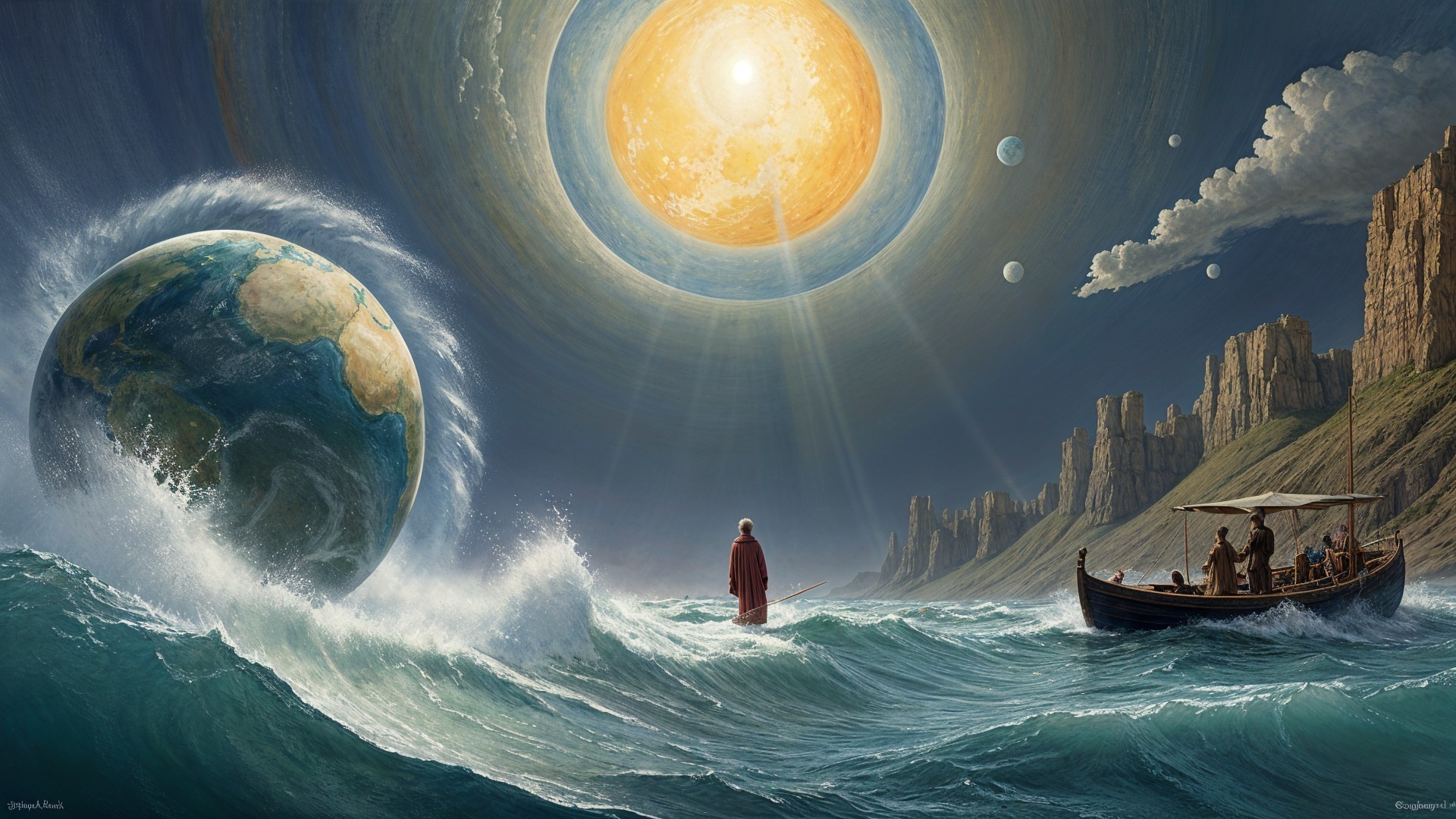 Surreal Landscape with Figure on Tumultuous Waves