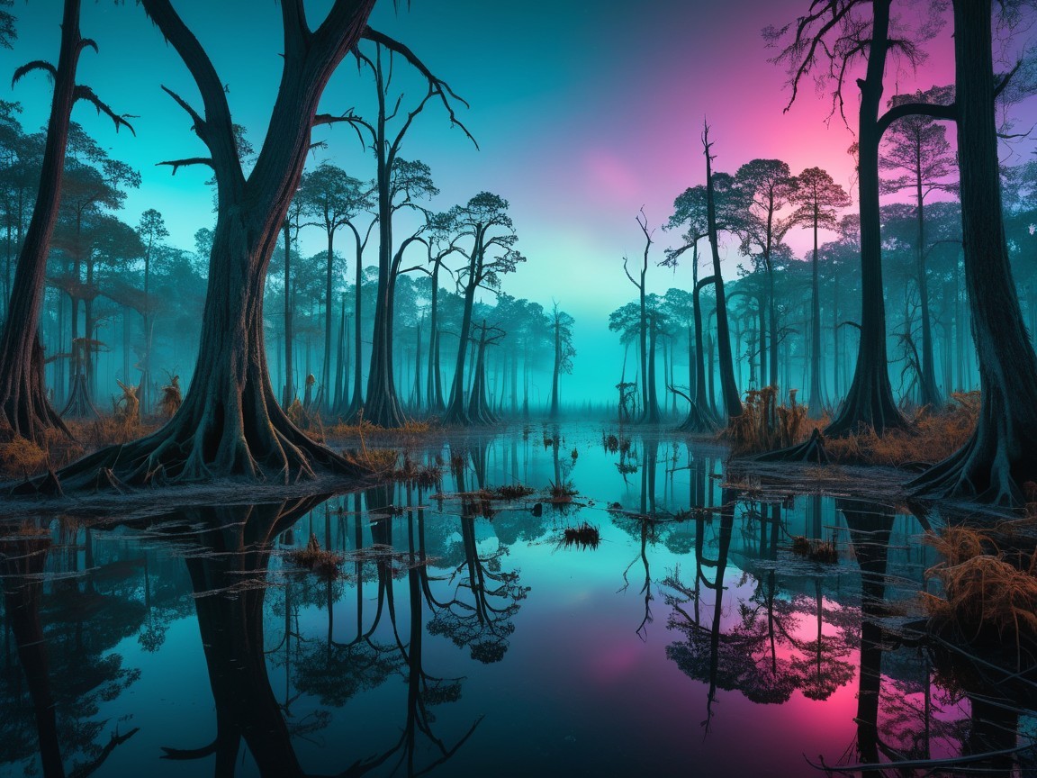Twilight Reflections in a Picturesque Swamp Scene