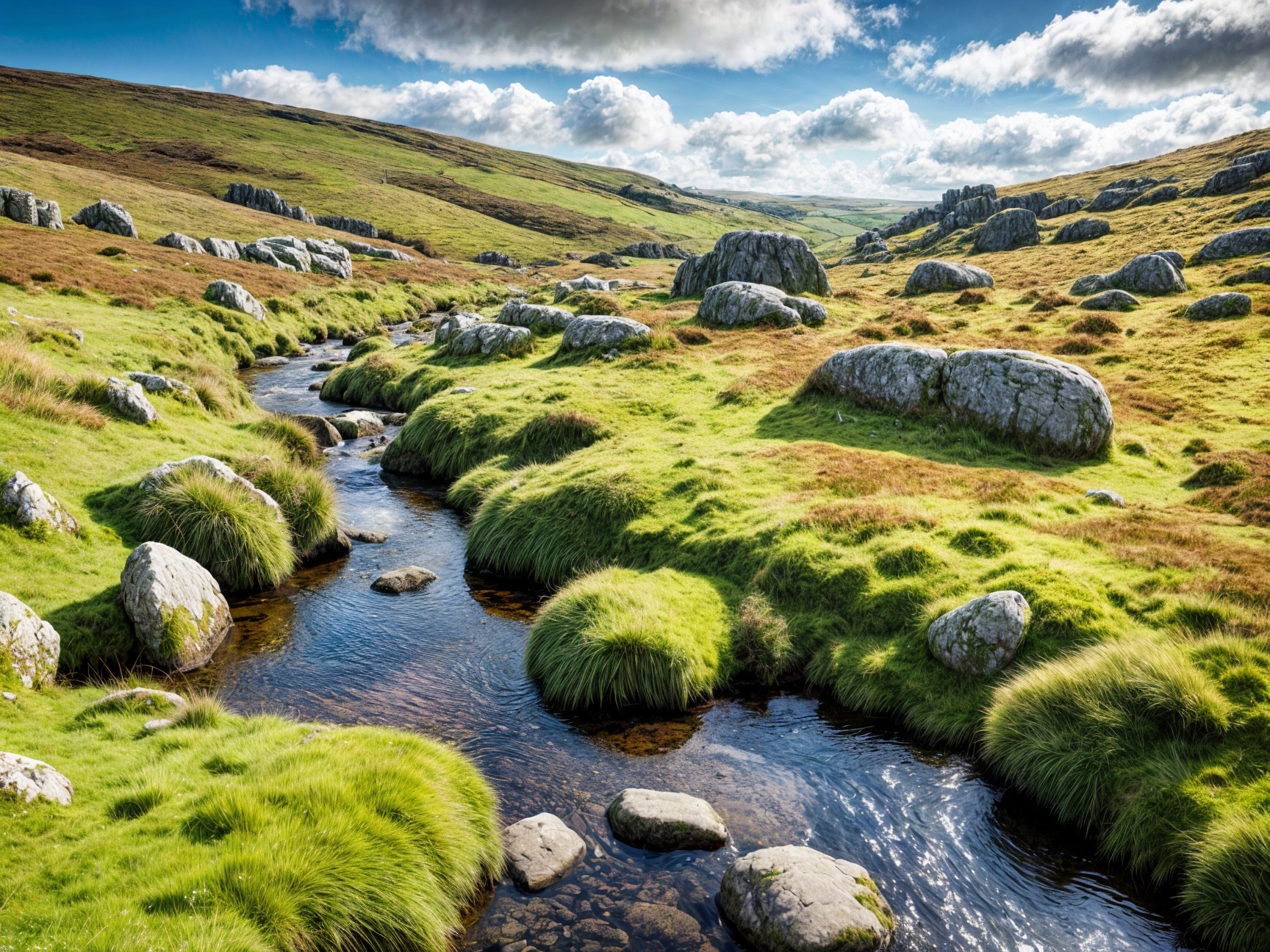 Serene Landscape with Stream and Rolling Hills
