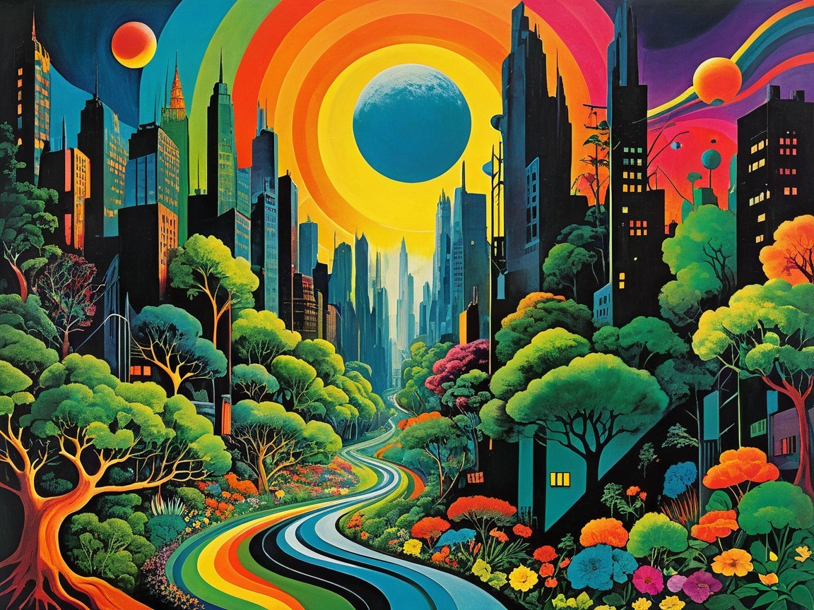 Vibrant Cityscape with Skyscrapers and Nature Elements