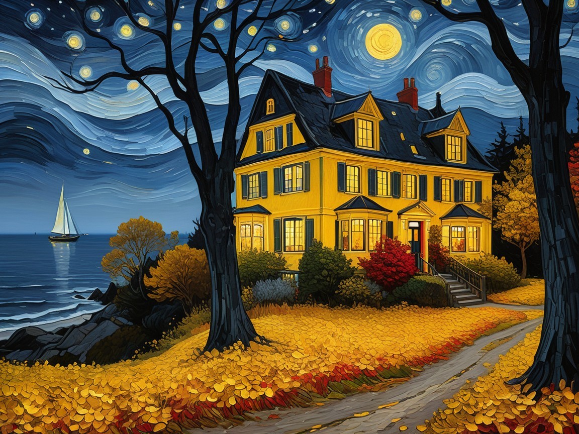 Vibrant Night Scene with Yellow House by Seaside