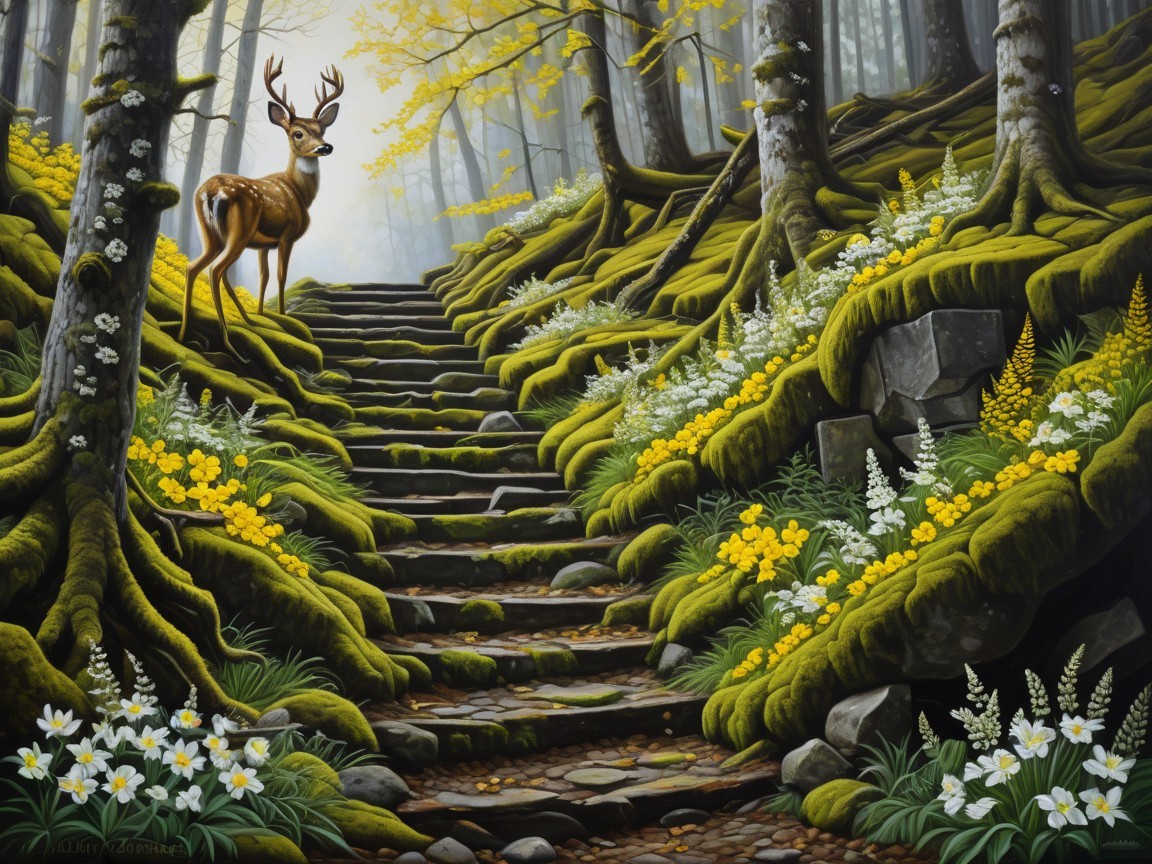 Serene forest scene with deer and vibrant flowers