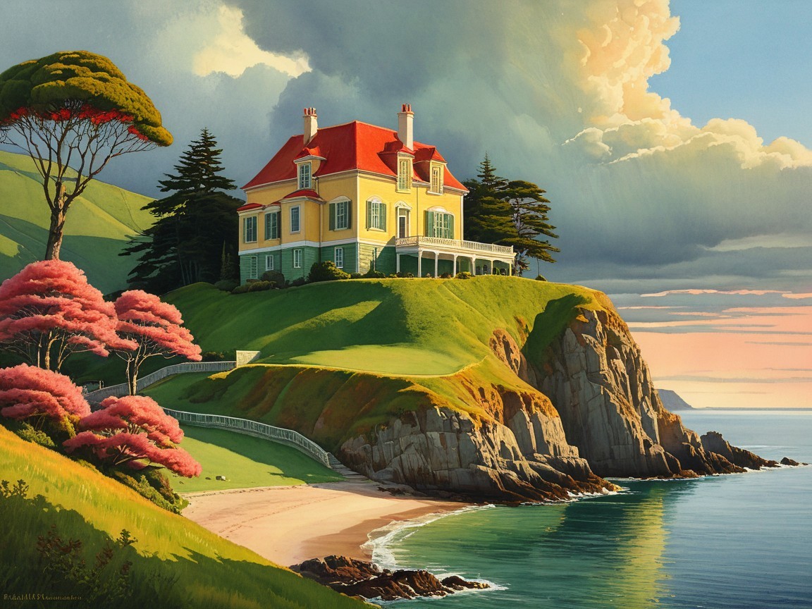 Mansion with Yellow Facade and Red Roof Overlooking Sea