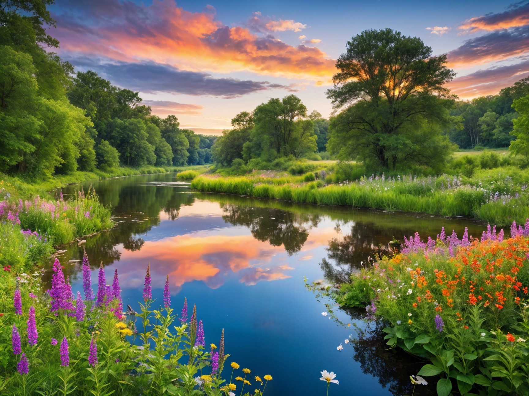 Serene River Landscape with Sunset and Wildflowers