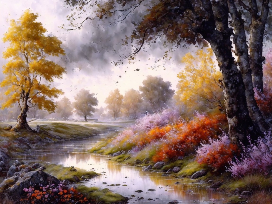 Autumn Landscape with Stream and Colorful Foliage