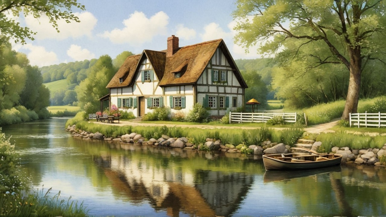 Thatched-roof cottage by serene river in lush landscape