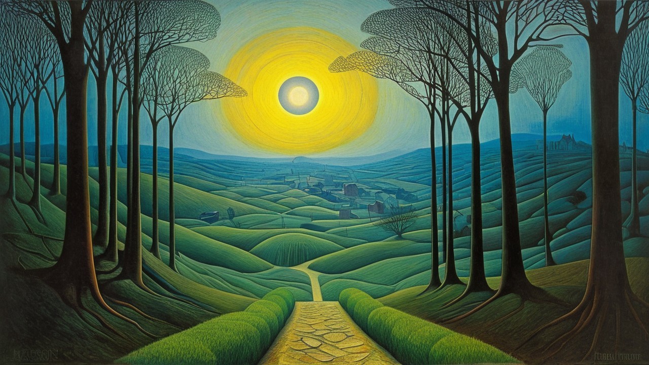 Serene Landscape with Rolling Hills and Sunrise Glow