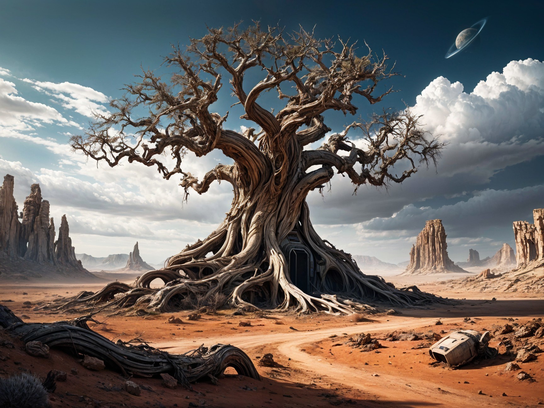Colossal Tree in Desert with Rock Formations and Ruins