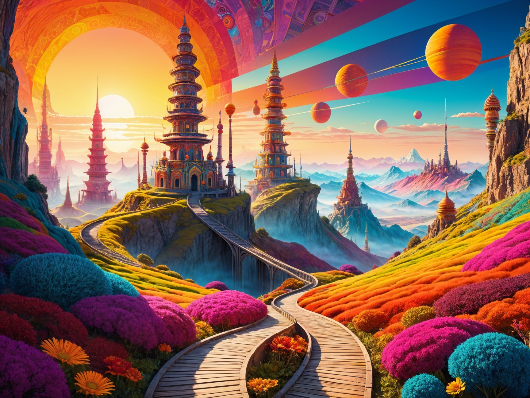 Vibrant Fantastical Landscape with Pagodas and Planets