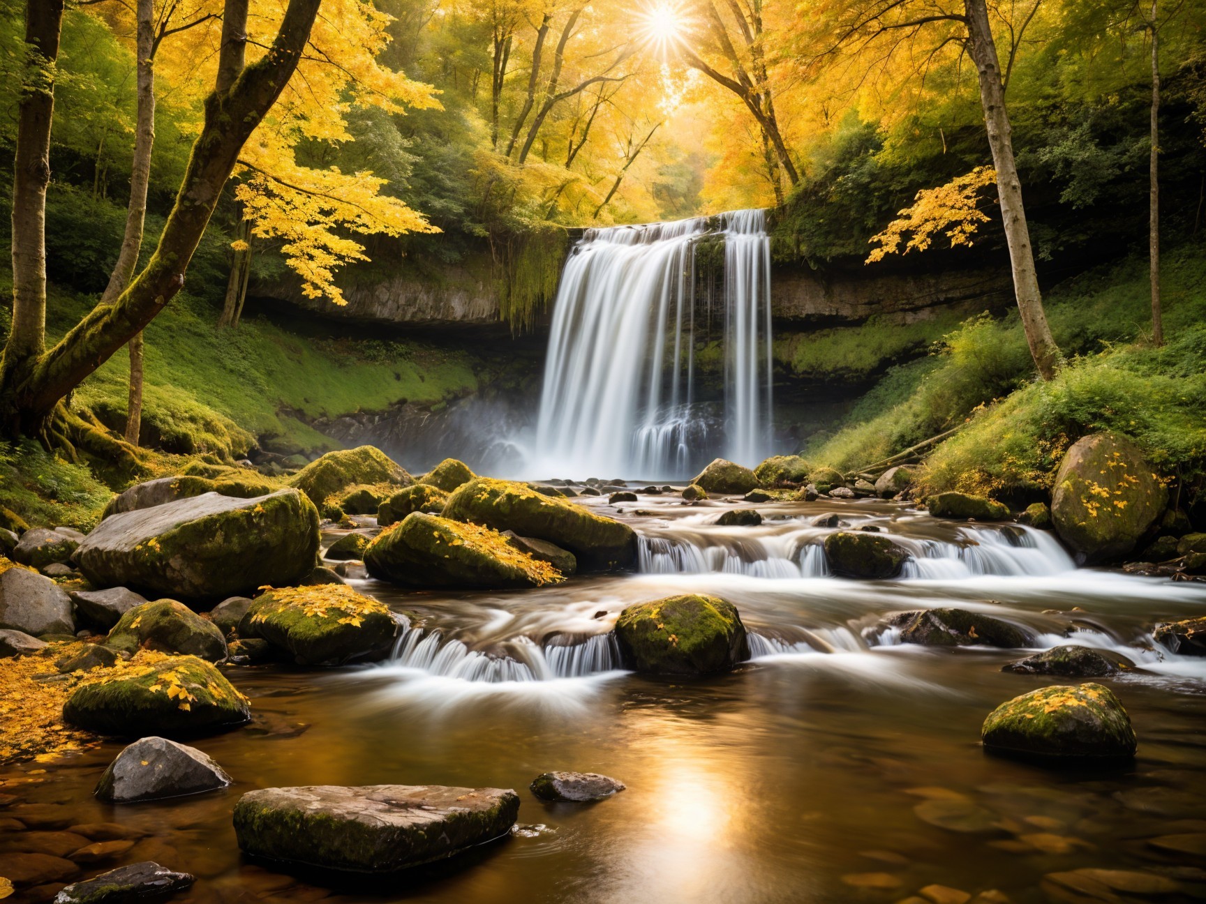 Serene Waterfall Surrounded by Autumn Foliage