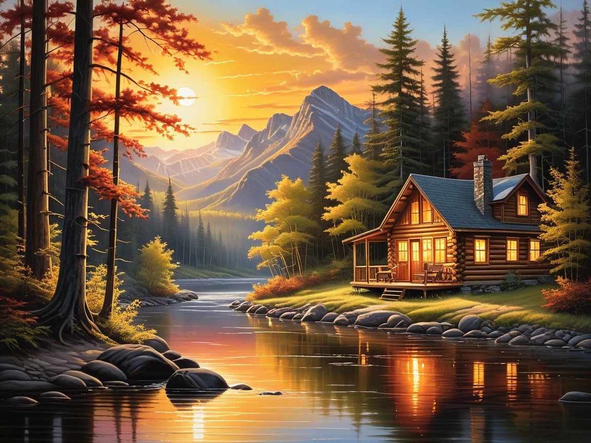 Cozy Wooden Cabin by Tranquil River at Sunset