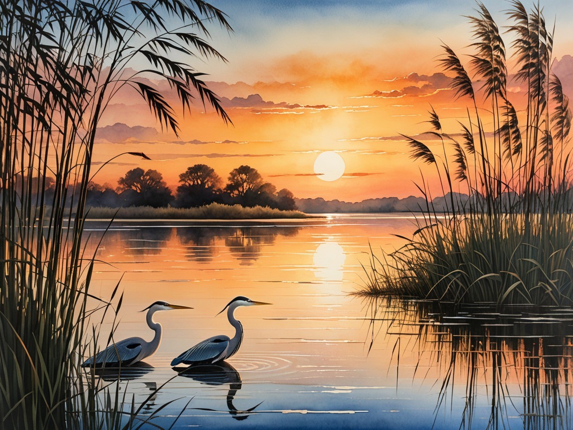 Serene Sunset Over Calm Marsh with Herons and Reeds