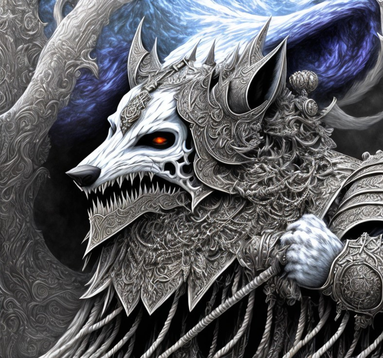 Silver Armored Wolf with Red Eyes on Blue Grey Background