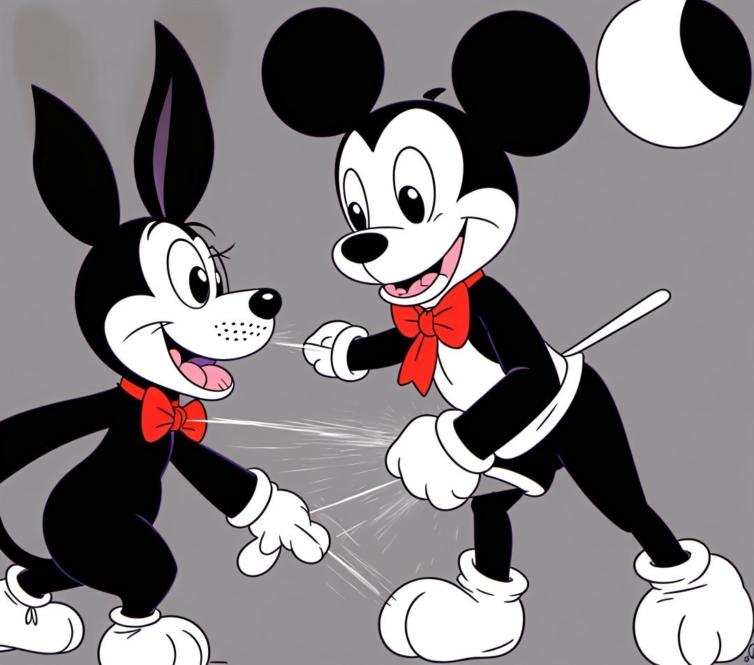 Monochrome cartoon characters with magic wand and spark, wearing red bow ties