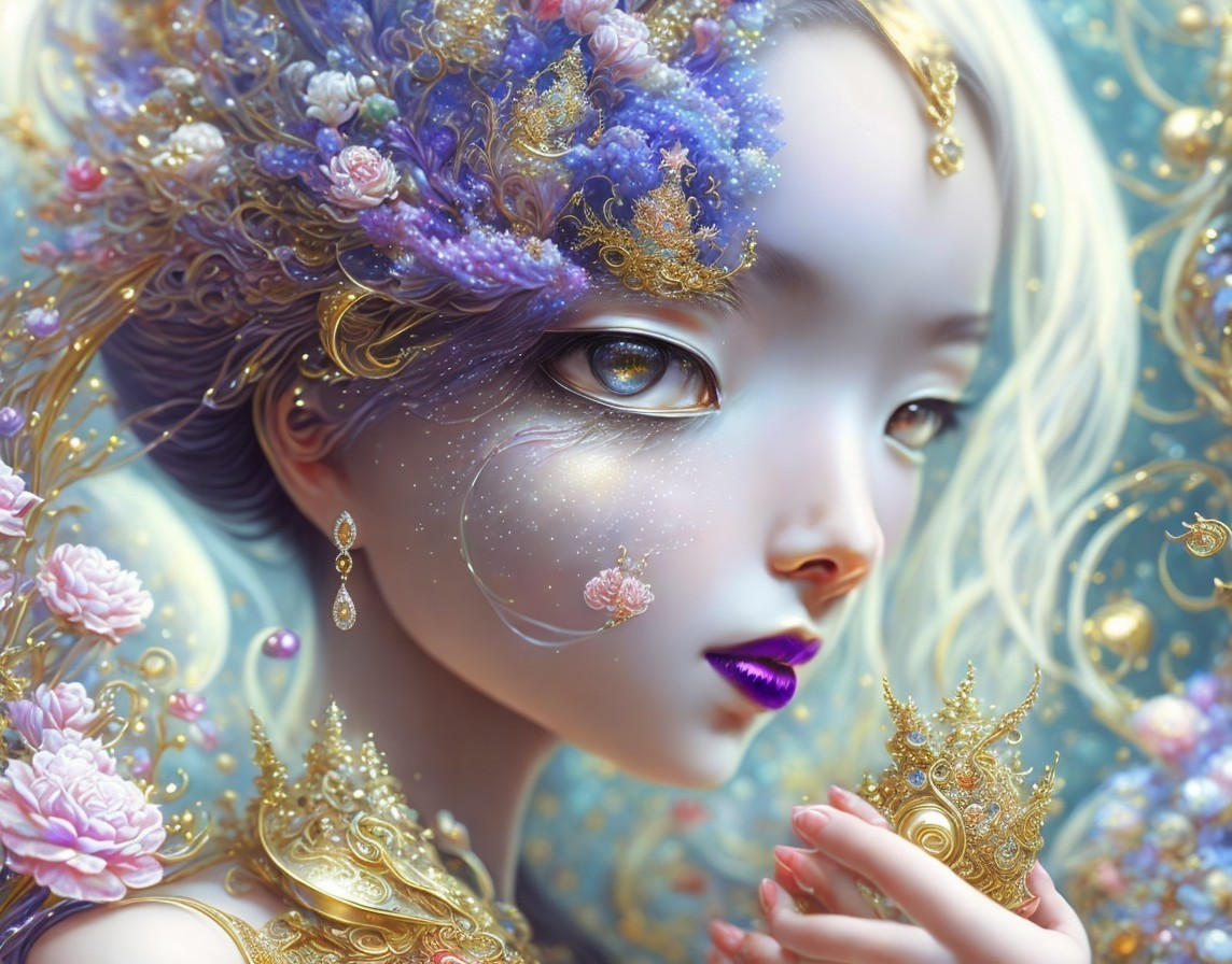 Fantasy digital artwork: Female figure with gold adornments & celestial motifs