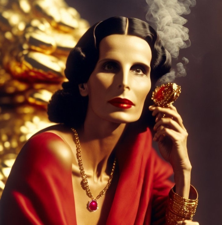 Vintage style woman in red dress with mirror and cigarette smoke