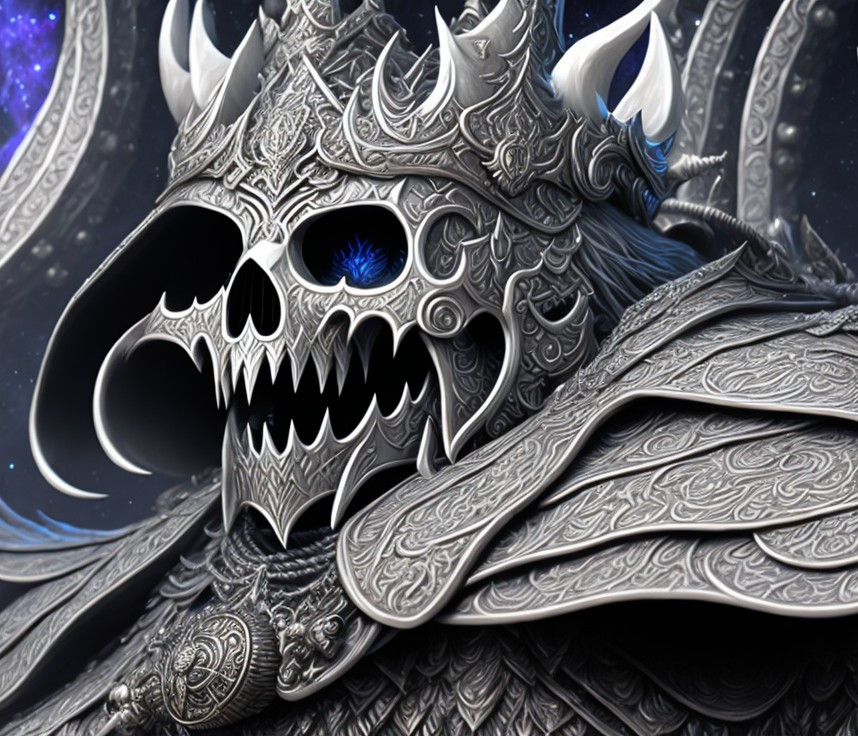 Silver Skull Helmet with Glowing Blue Eyes and Horns in Detailed Armor