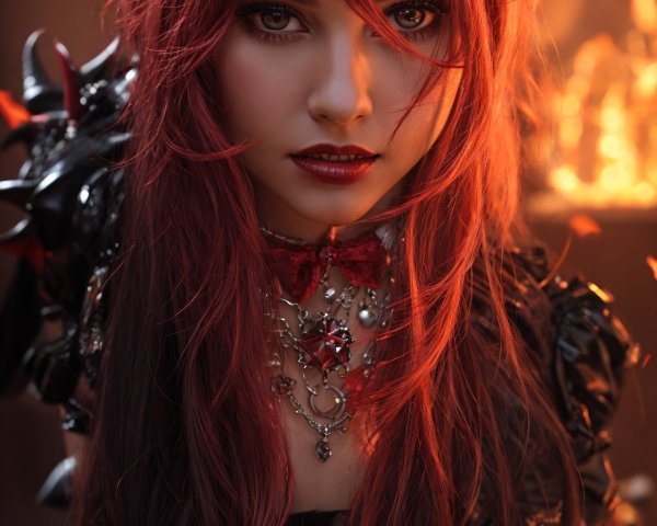 Woman with red eyes and long brown hair in gothic attire with horns against fiery backdrop