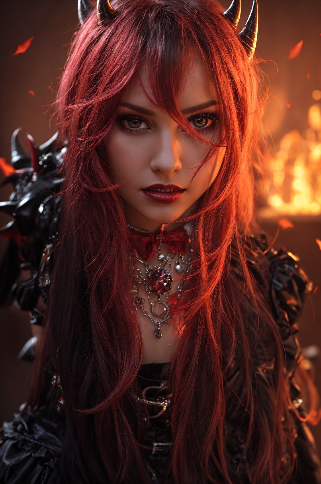 Woman with red eyes and long brown hair in gothic attire with horns against fiery backdrop