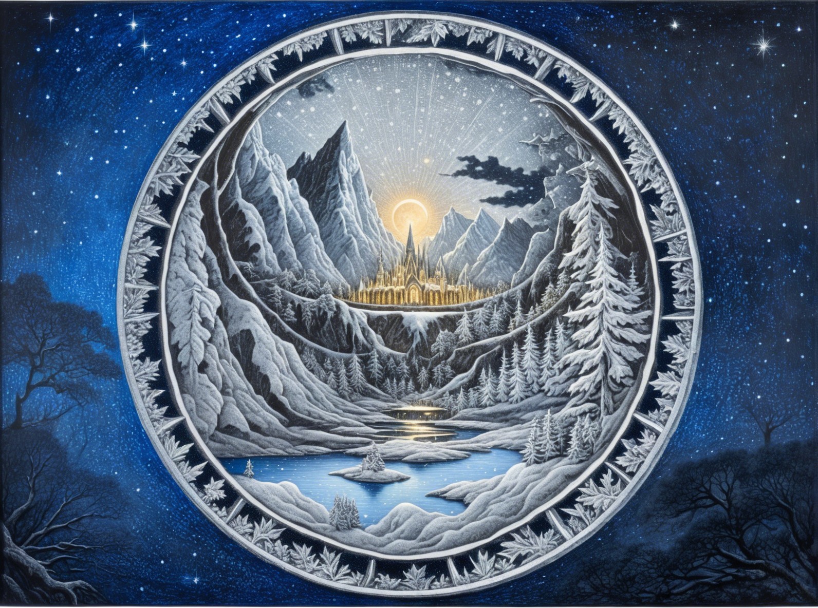 Circular Winter Landscape with Mountains and Castle