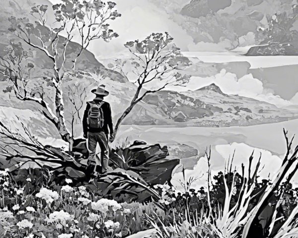 Lone Figure on Rocky Outcrop in Misty Landscape