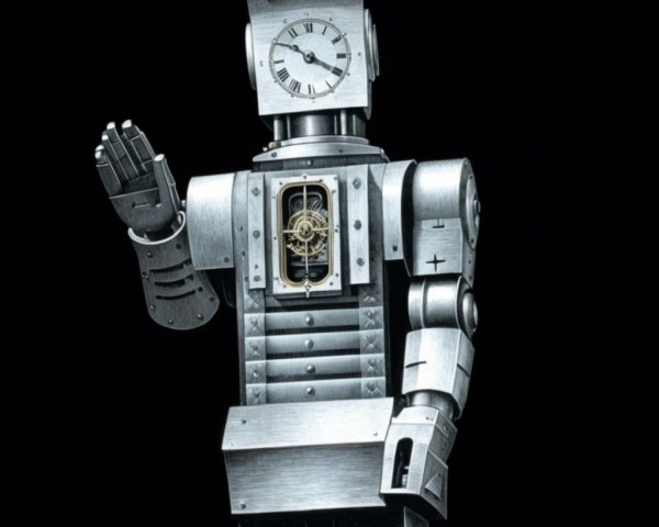 Vintage Robot with Clock and Friendly Wave Design