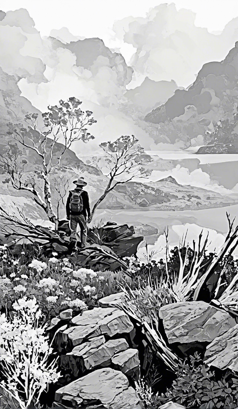 Lone Figure on Rocky Outcrop in Misty Landscape