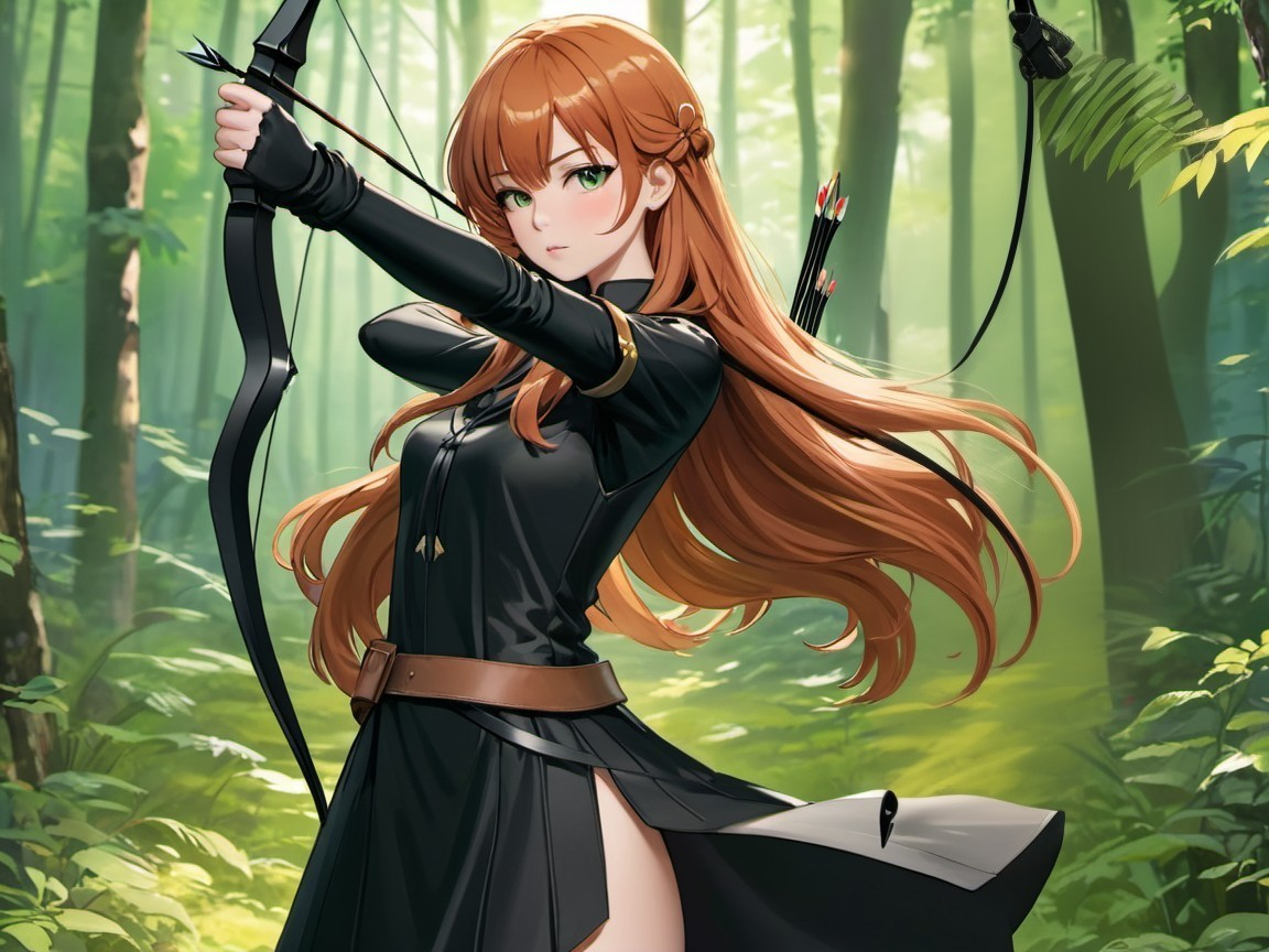 Young Archer in Lush Forest with Bow and Arrow