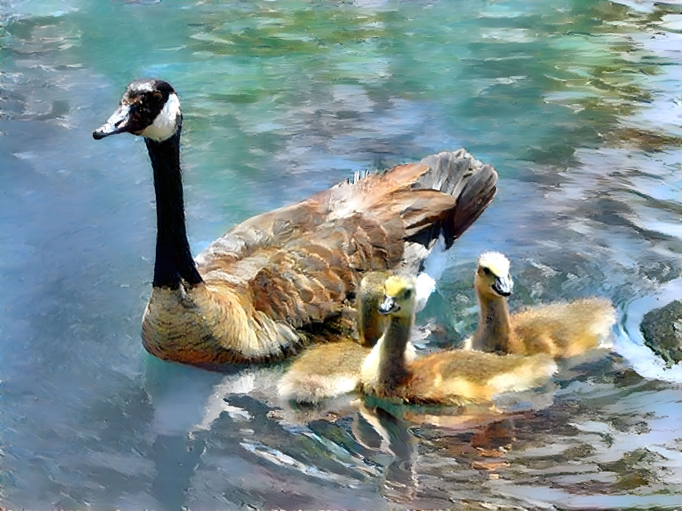 Mother Goose and Goslings Swimming on Serene Water
