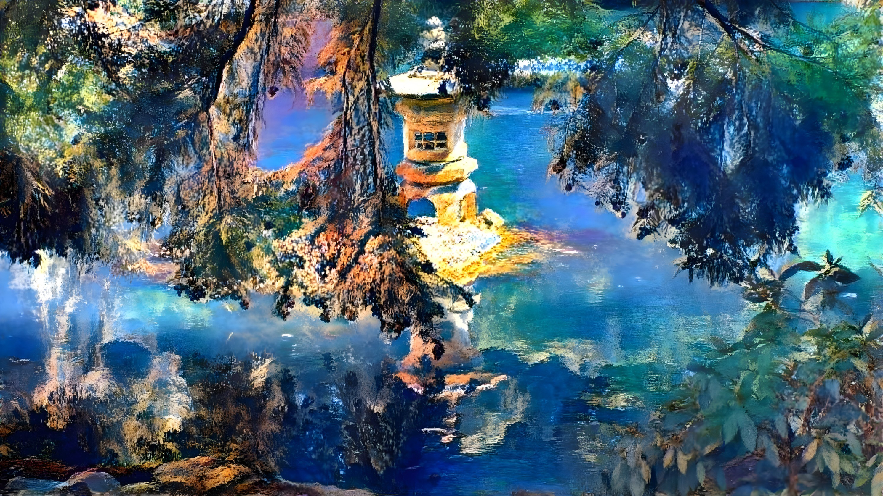 Lakeside Scene with Stone Lantern and Vibrant Foliage