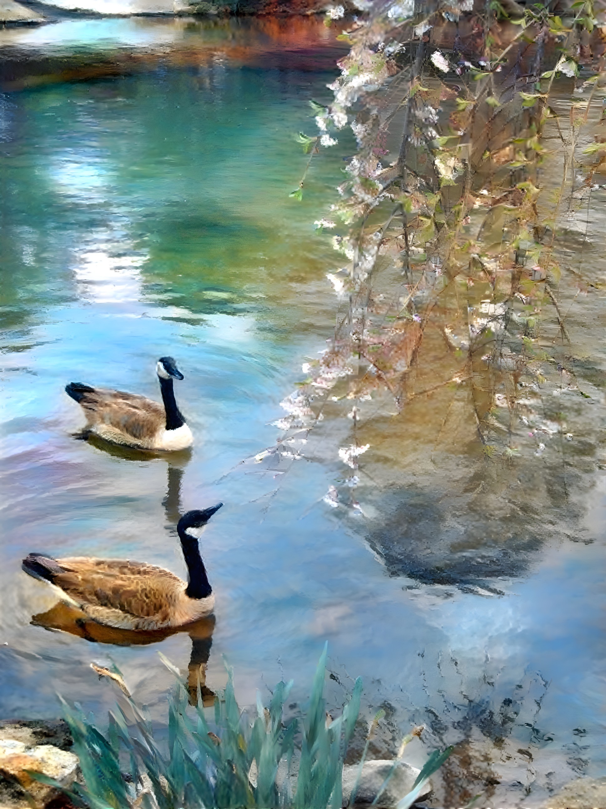 Geese on a tranquil pond with cherry blossoms