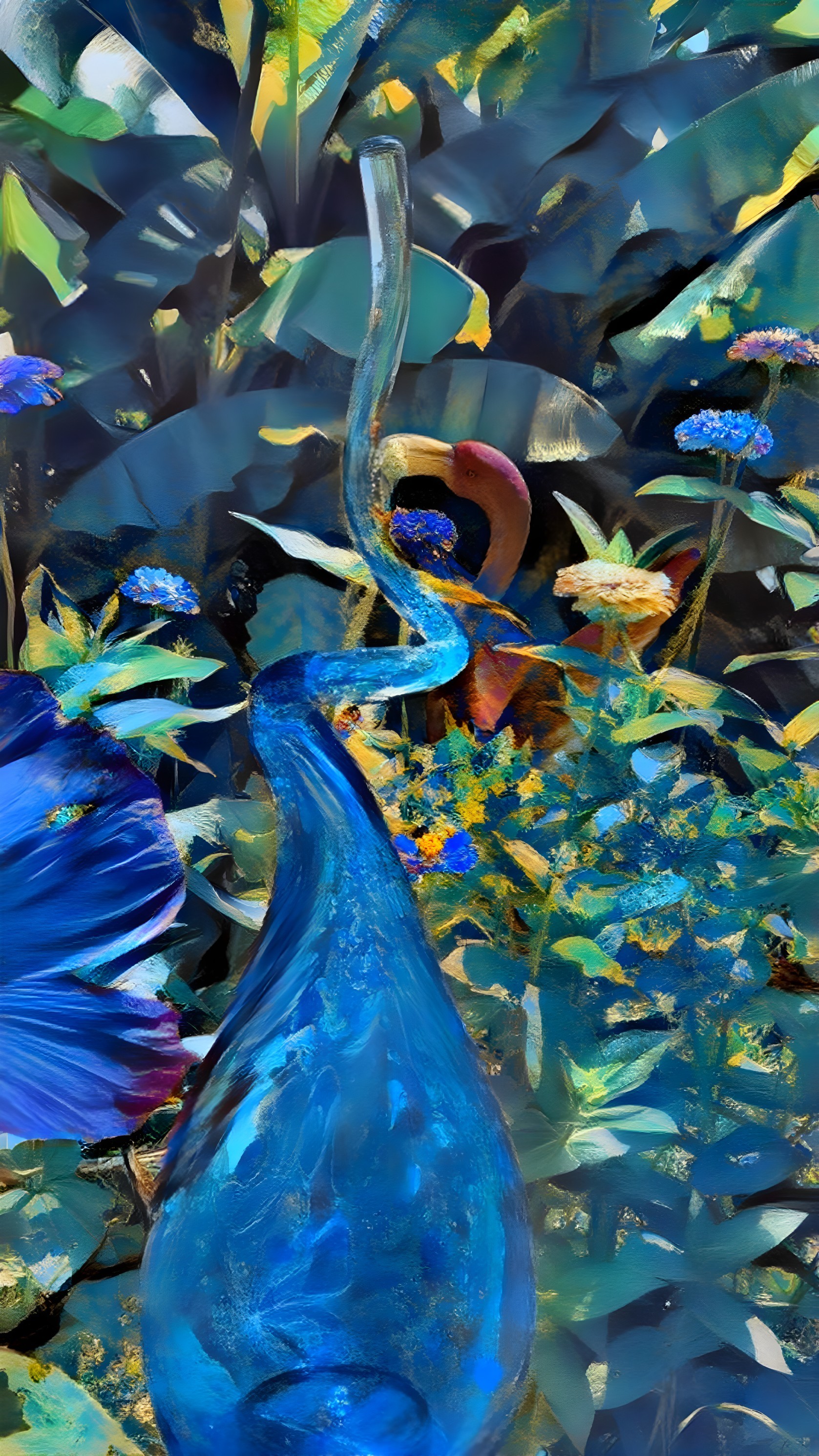 Vibrant Blue Glass Sculpture in Lush Garden Setting