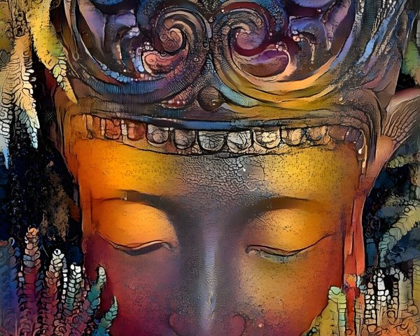 Intricate Buddha Head Surrounded by Abstract Colors