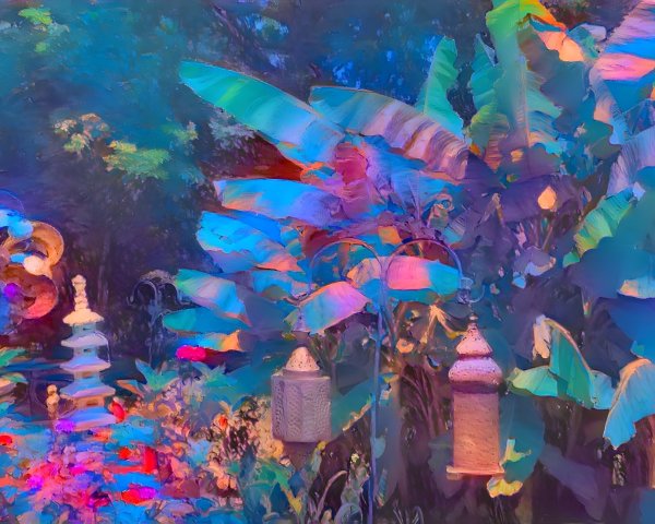 Lush Garden Scene with Banana Leaves and Lanterns