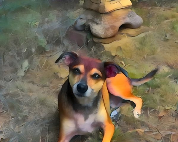 Playful Dog in Garden with Stone Lantern and Grass