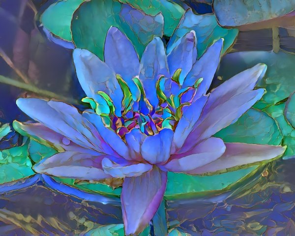 Vibrant Blue Lotus Flower Surrounded by Green Lily Pads