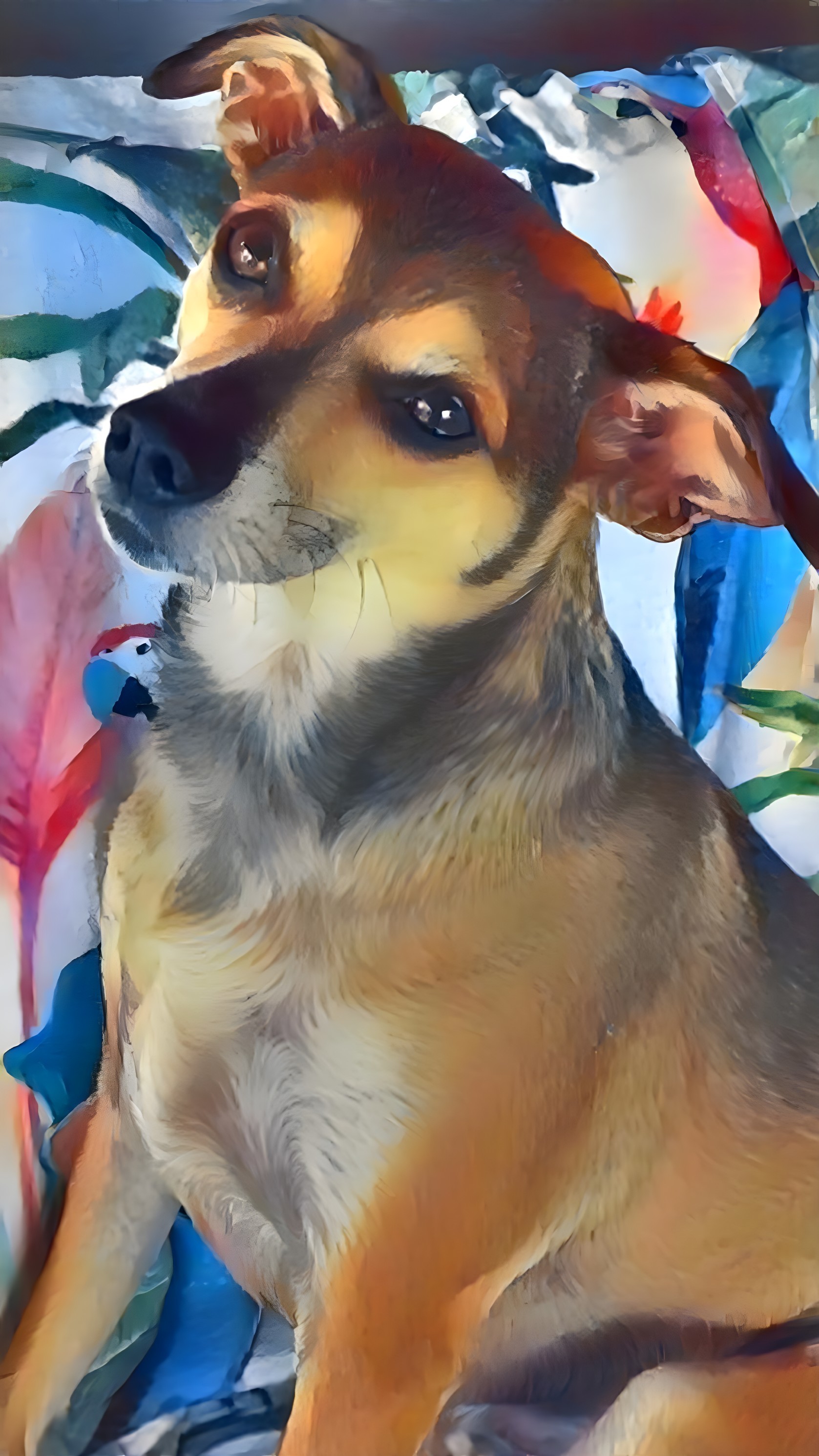 Small dog with sleek coat in floral background