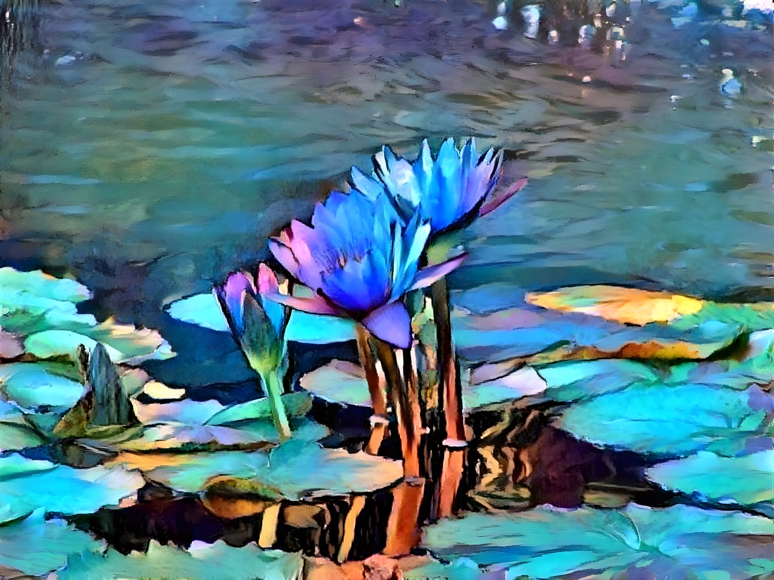 Vibrant Water Lilies in a Serene Pond Setting