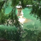 Lakeside Scene with Stone Lantern and Vibrant Foliage