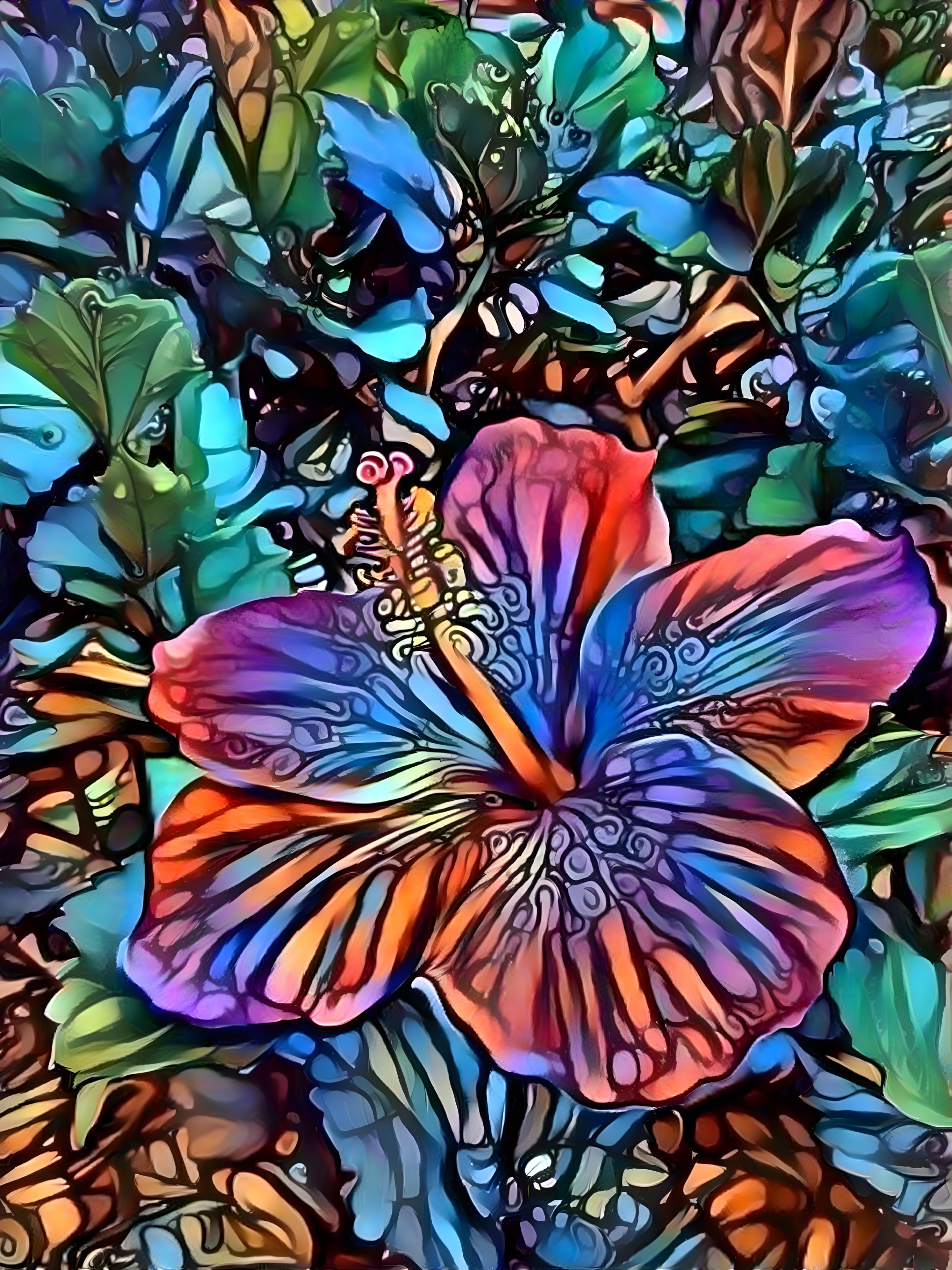 Vibrant Hibiscus Flower Among Lush Green Foliage