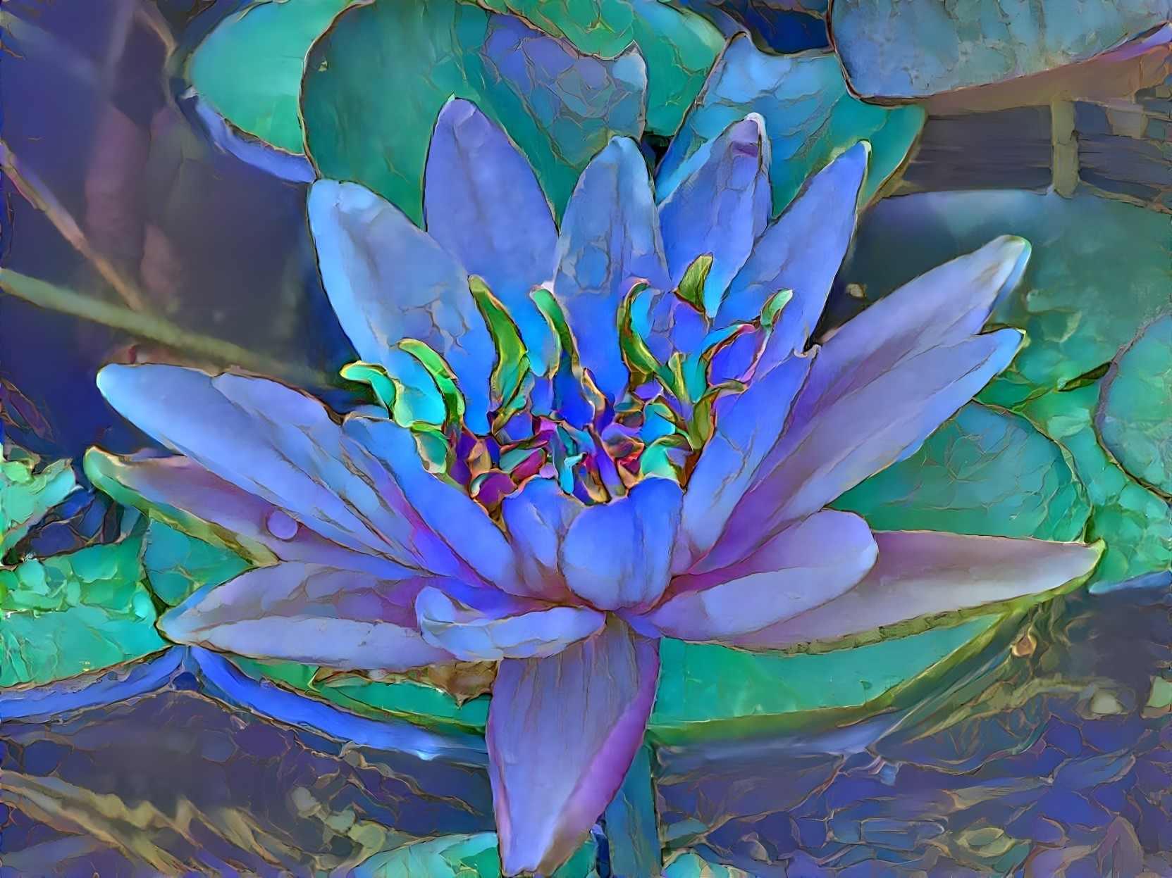 Vibrant Blue Lotus Flower Surrounded by Green Lily Pads