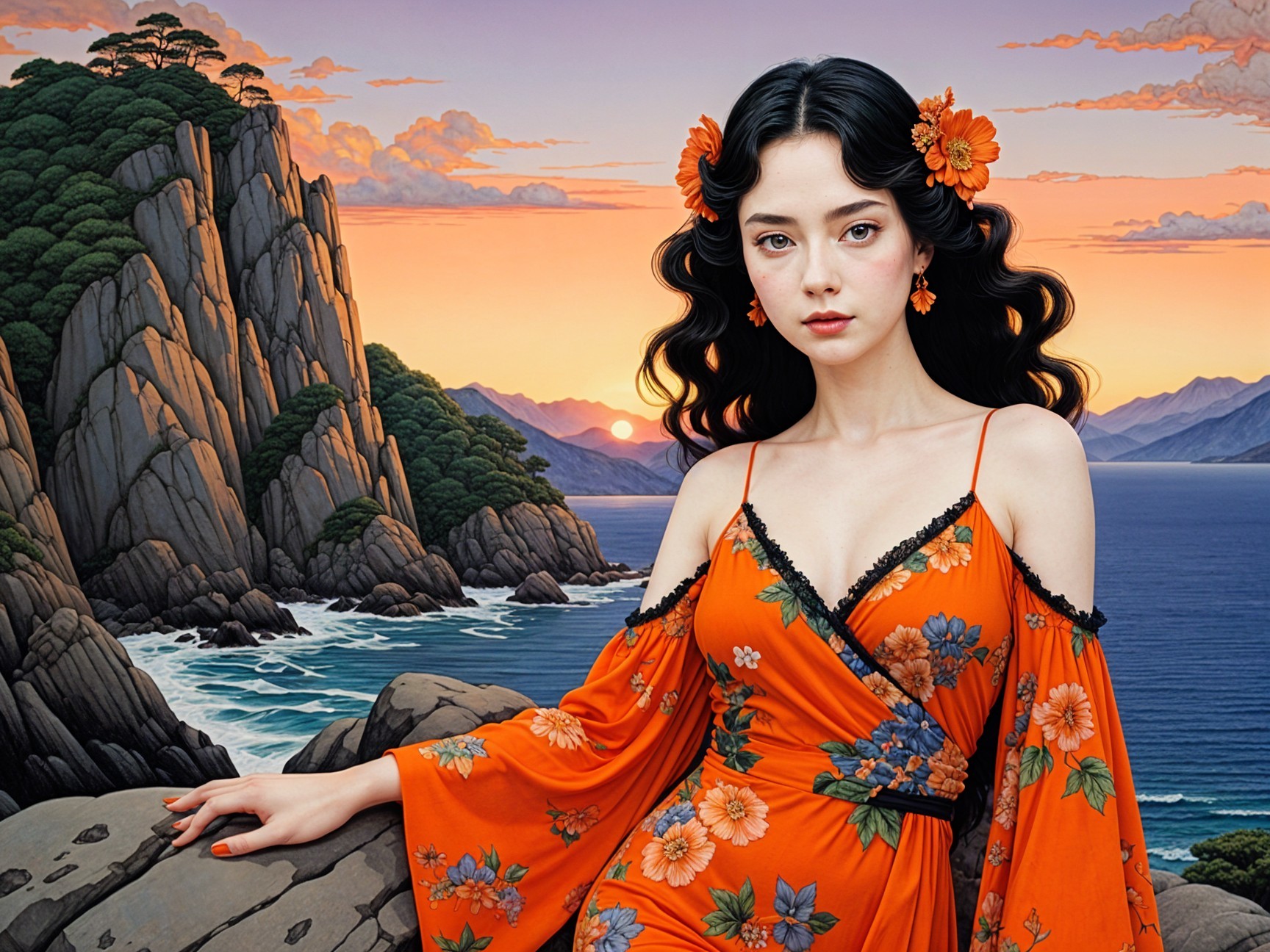 Young Woman in Floral Dress at Coastal Sunset Scene
