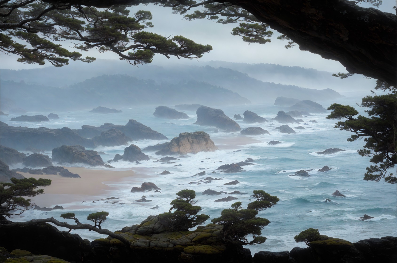 Serene Coastal Scene with Rocky Shores and Misty Sky