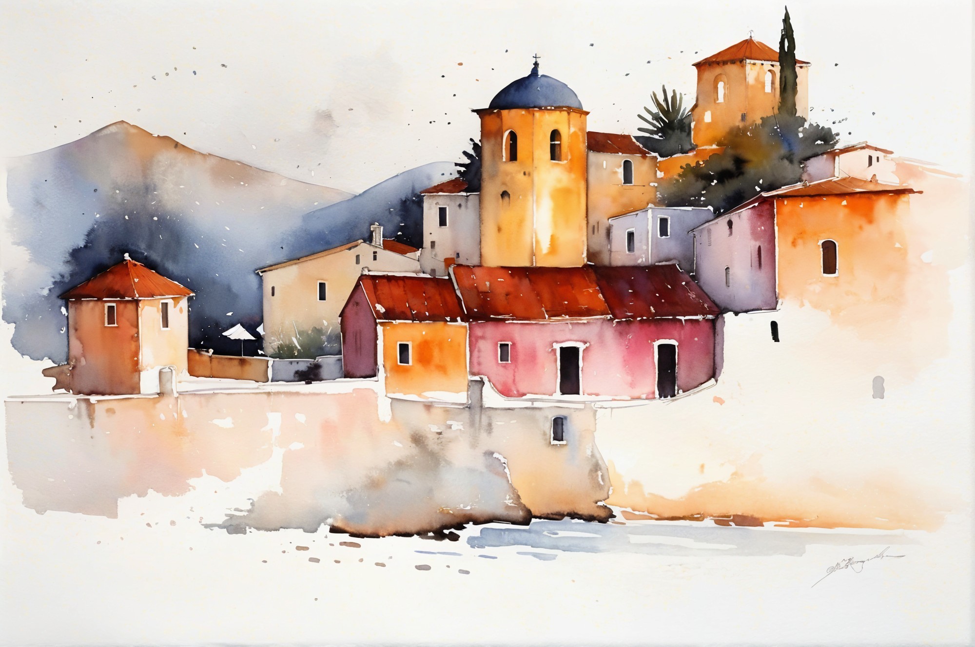 Mediterranean Village Watercolor with Tranquil Landscape