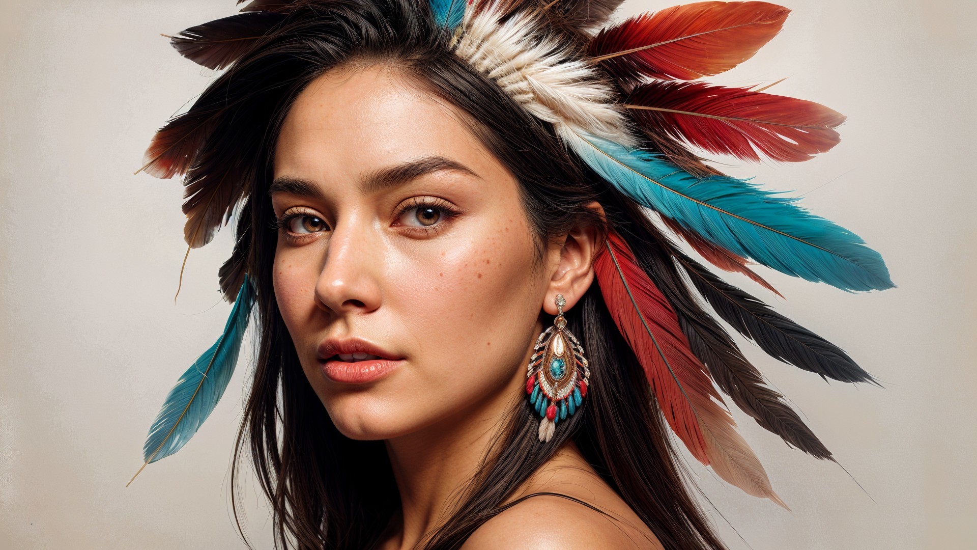 Portrait of a young woman with colorful feather headdress