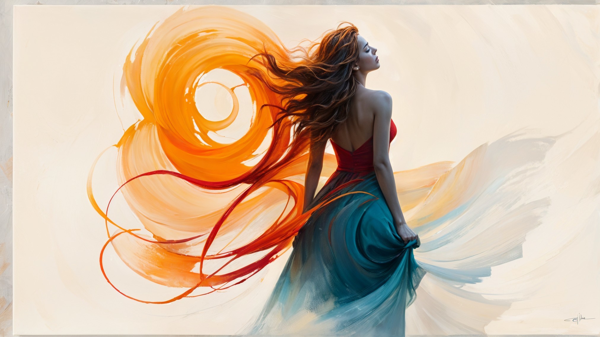 Woman in flowing red top and teal skirt with swirls