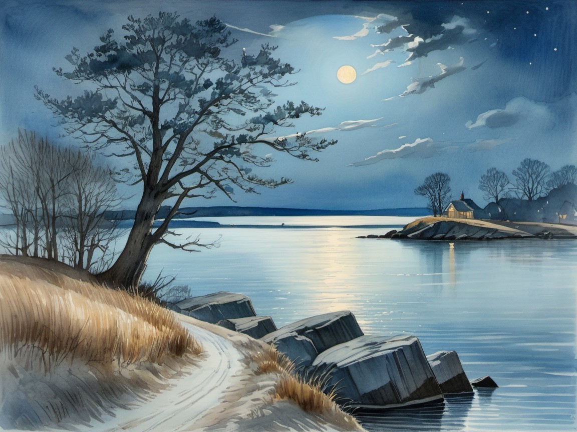 Tranquil Nighttime Scene with Moonlit Water Reflection
