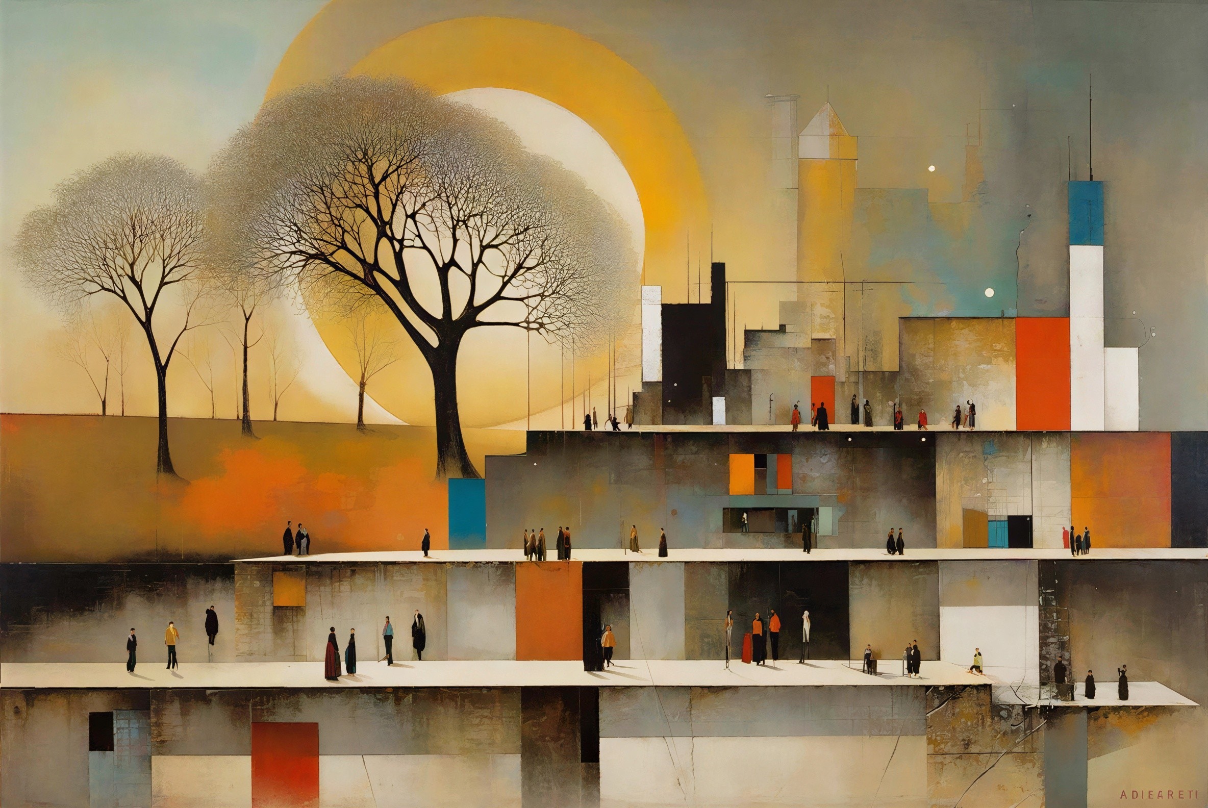 Minimalist Abstract Painting of Surreal Landscape and Cityscape