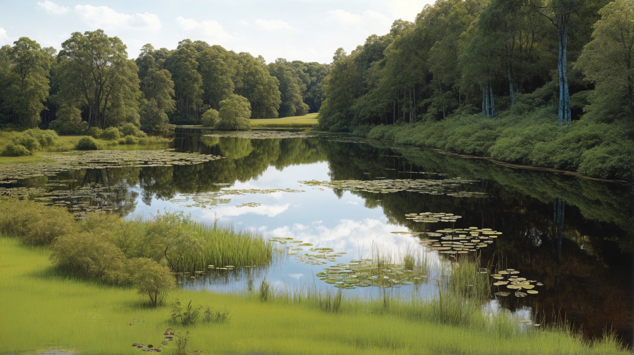 Tranquil River Landscape with Lush Greenery and Lilypads